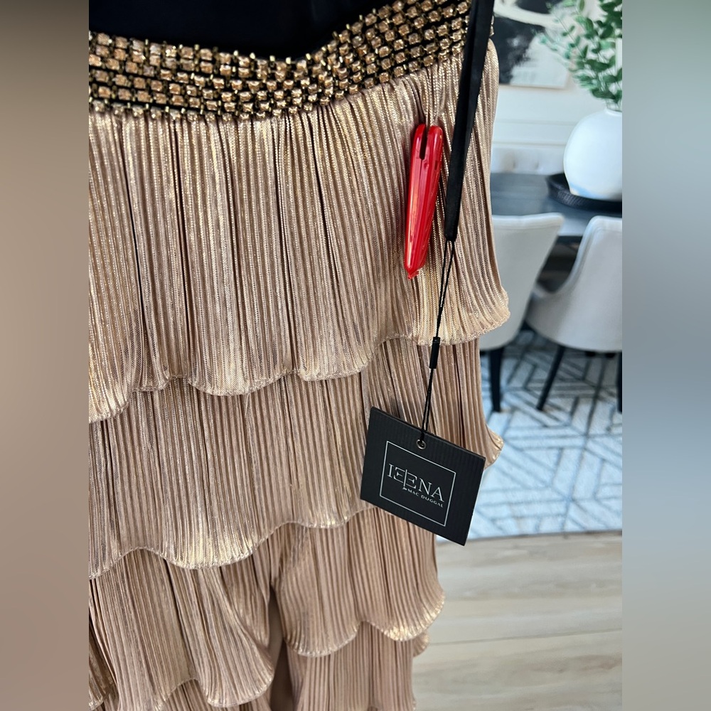Mac Duggal Ieena One Shoulder Tiered Pleated Gown Black Gold Size 0 NWT - Picture 5 of 14